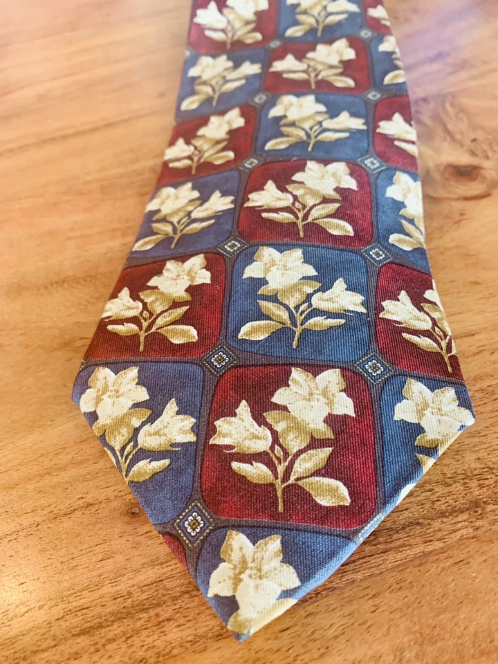 Robert Stock 100% Silk Floral Navy Blue Maroon Tie Handmade Brocade Foulard — 第 2/4 张图片