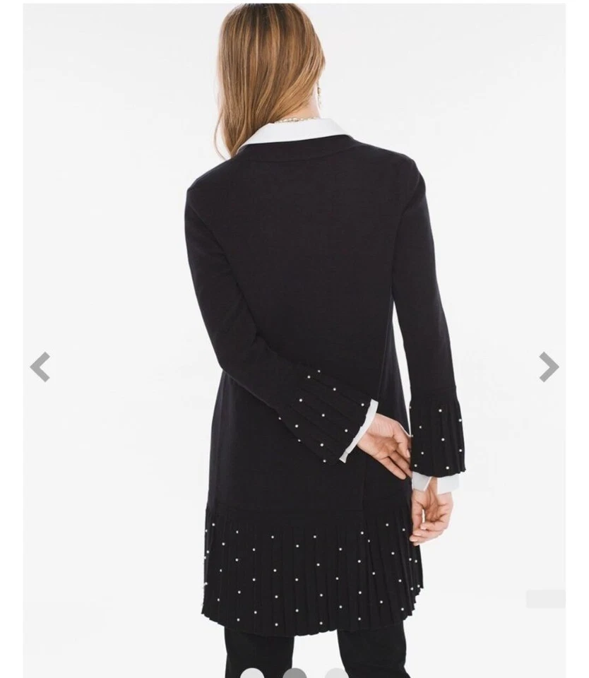 Cárdigan Chicos Plisado Imitación Perla Acento Elegante Largo Abierto Talla Grande Evento Negro Foto 3 de 4