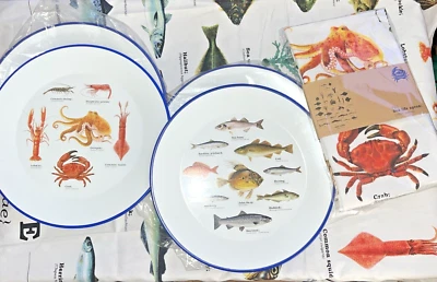 Gift Republic Sea Life Apron Free Set 4 Fish Plates BBQ Camping Cook Motorhome