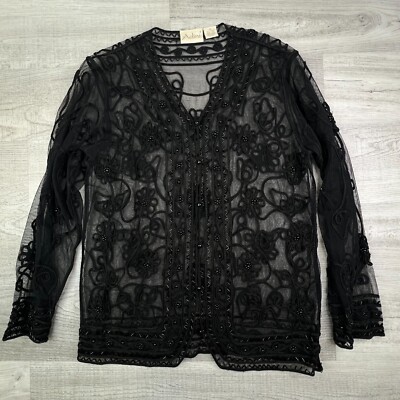 Adini Button Blouse Womens Medium Beaded Sheer Cover V-Neck Long Sleeve Shirt