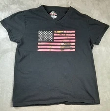 Mossy Oak Women's T-Shirt Black Lg American Flag Graphic V Neck Short Sleeve