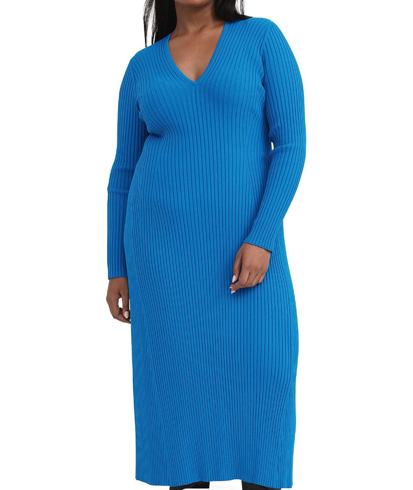 Witchery Crepe V Neck Knit Dress size Large long sleeve midi blue stretch