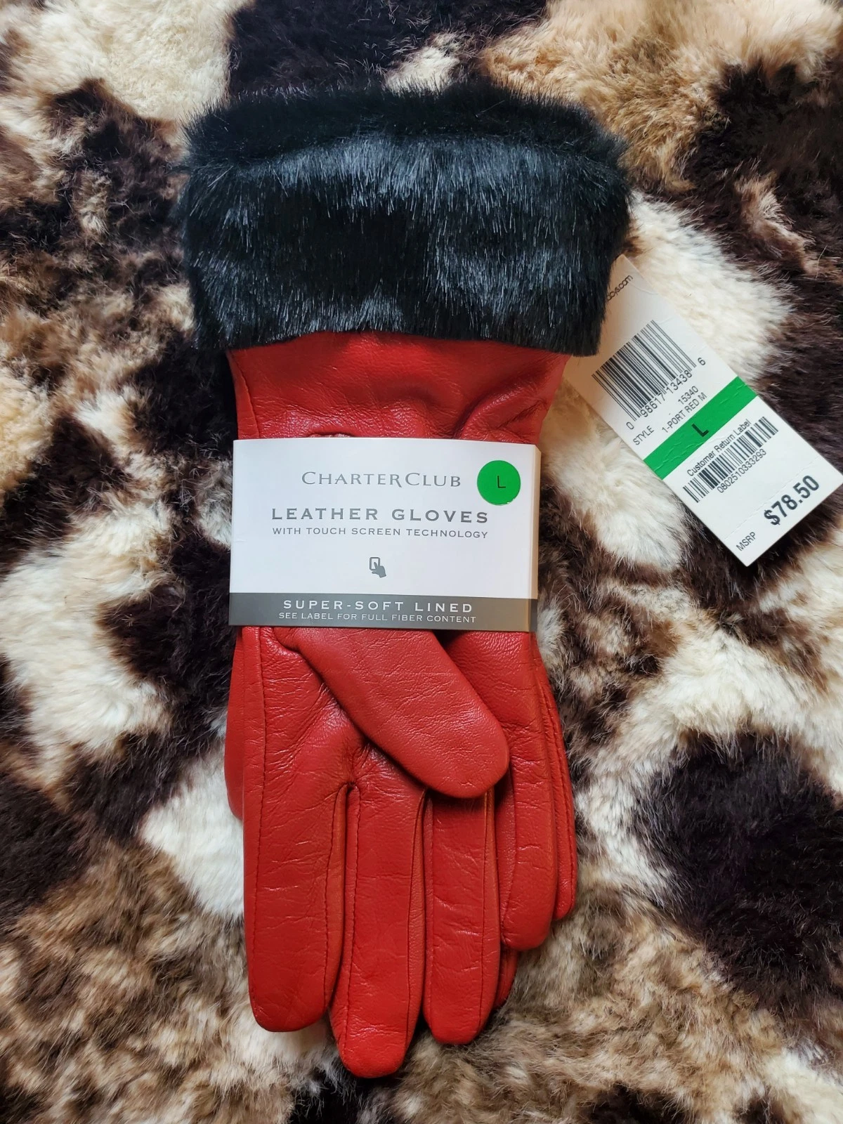 New Macy's Womens Charter Club Touchscreen Leather Gloves Fur Retail 78.50 Large