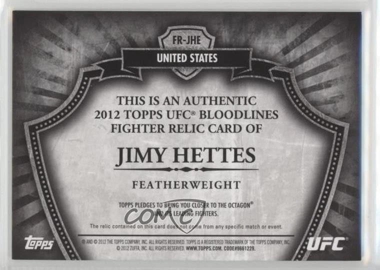 2012 Topps UFC Bloodlines Fighter Relics /188 Jimy Hettes #FR-JHE Rookie RC - Image 2 of 2