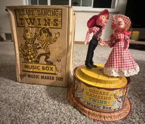 Vintage MATTEL Square Dancing Twins and Music Box Tin Litho Toy Original Box