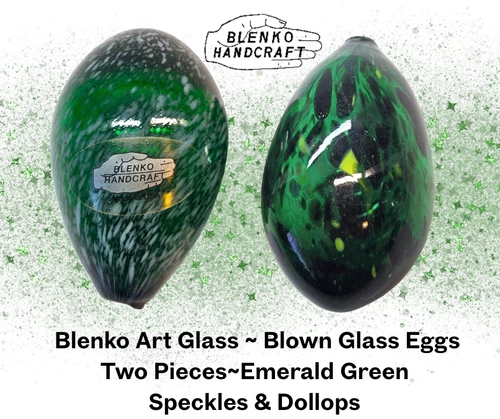 BLENKO Art Glass Blown Glass EGGS-2PCS~EMERALD GREEN Speckles & Dollops