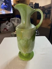 Vtg 1930-40’s Royal Haeger Green Drip Glaze Vase Pitcher W Handle  12” Tall $30.