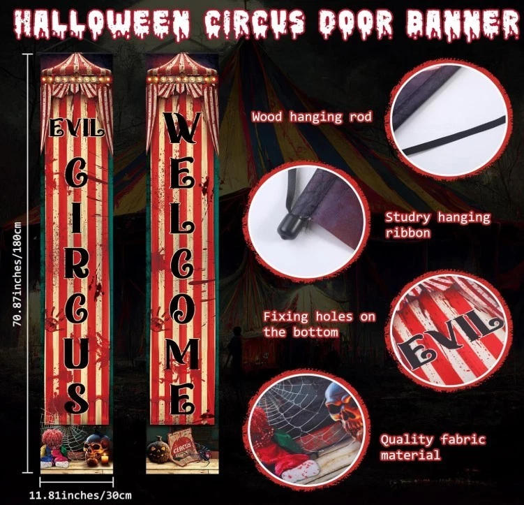 3 piezas decoraciones espeluznantes de carnaval de Halloween incluyen 2 pancartas de porche de circo malvado Foto 3 de 4