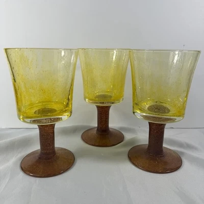 Villeroy & Boch Kanton Goblets Set of 3 6 1/8” Art Glass Yellow Brown Speckled - Image 1 of 4