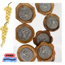 Wooden Coasters Handmade Decorated with Nickel Plate Stamped With Thai Elephant