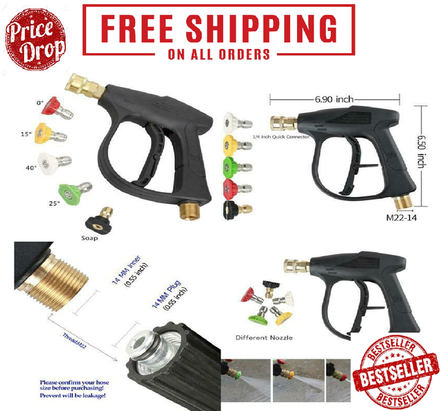 Short Wand High Pressure Washer Gun,3000 PSI Max 5 Pressure Power