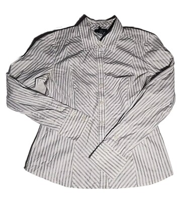 Alfani Oxford Button Down Long Sleeve Blouse Blue and White Pin Stripe Size 4