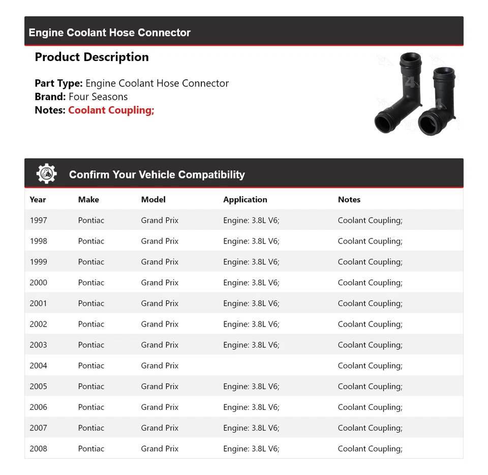 Conector de mangueira de líquido de arrefecimento do motor Pontiac Grand Prix 1997-2008 4 estações 1998 - Imagem 2 de 4