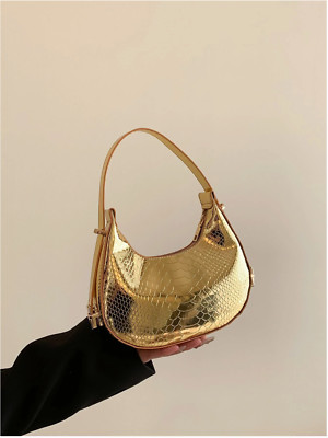 Gold Metallic Snakeskin Embossed Hobo Bag Crocodile Embossed Shoulder Bag