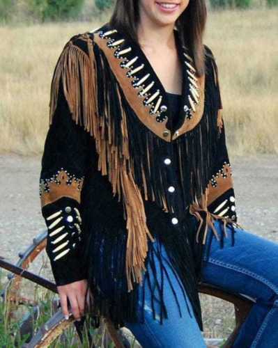 Women Suede Western Style Leather Jacket With Fringe - Black & Brown Contrast - Afbeelding 1 van 4