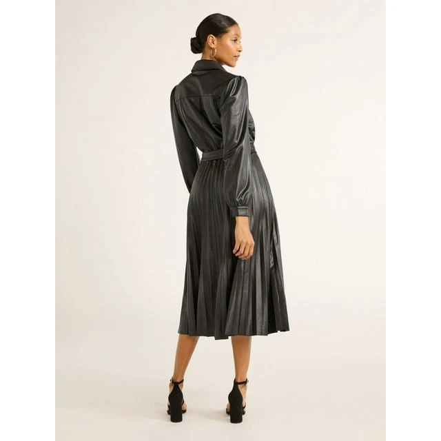 Camisero plisado de cuero sintético Scoop para mujer con cinturón, talla L negro -Z7 Foto 3 de 4