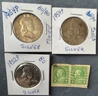 2-1954 p,1 -1952 p Franklin Half Dollar Silver. Bonus. 2- 1908 1c Franklin Stamp