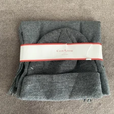 Club Room Men's Beanie & Scarf Set Grey/Charcoal Twist Fringe Knit NWI