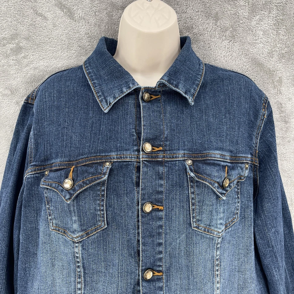 Mixit Denim Jacket Women Y2K Cropped Stretch Button Up Rhinestone Pocket Size 1X - Image 4 of 4