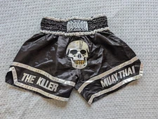 Fluory Muay Thai Boxing Shorts Trunks Adult Medium Skull THE KILLER Black Silver