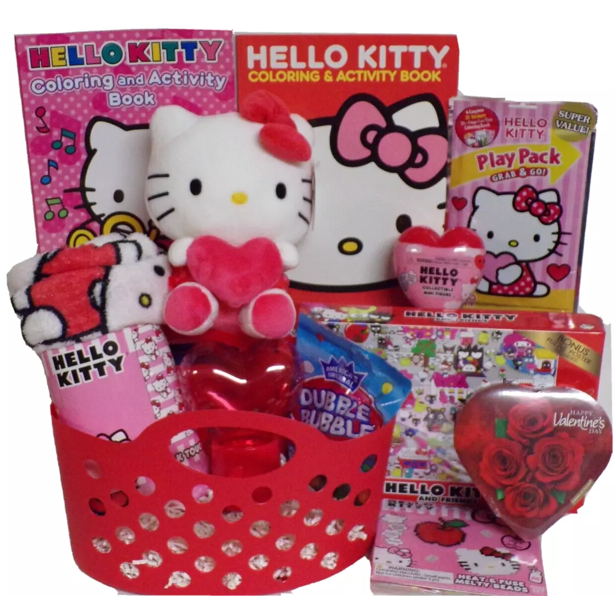 NEW HELLO KITTY VALENTINES DAY GIFT BASKET PLUSH HEART DOLL FIGURE BLANKET  CANDY