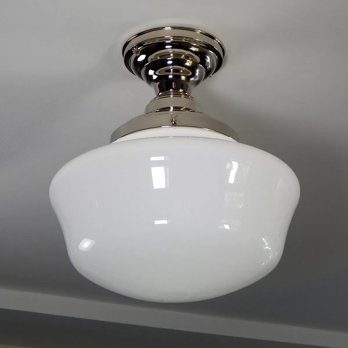 Semi Flush Schoolhouse Ceiling Light. Large Vintage Opal Glass