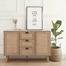 Buffet Sideboard Rattan Cabinet Storage w/ 3 Drawers 2 Doors Kitchen Dining Room