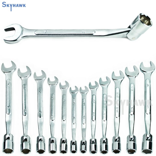 12PC Flex Flexible Head Double Ended Socket Spanner & Open Wrench Set