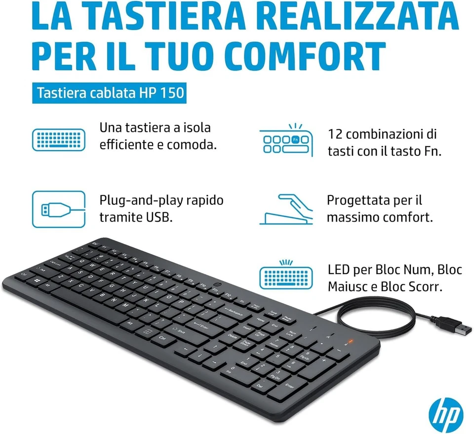 HP 150 Tastiera Cablata USB, 12 Tasti Programmabili, Layout Italiano - Immagine 4 di 4