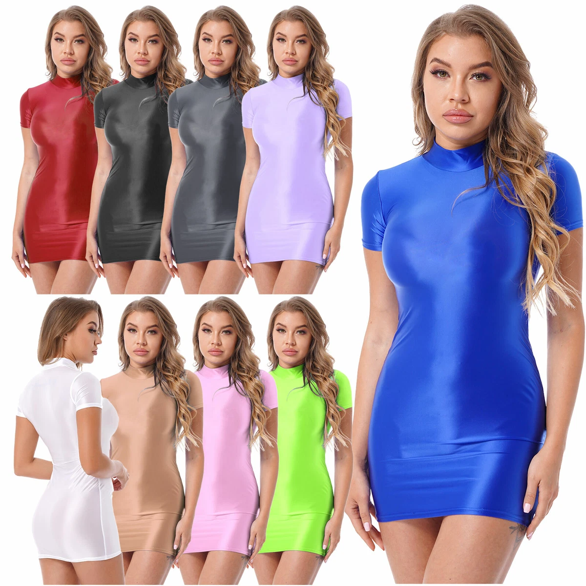 Women s Shiny Tight Pencil Dress Bandage Oil Glossy Mock Neck