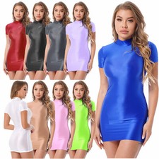 Women's Shiny Tight Pencil Dress Bandage Oil Glossy Mock Neck Micro Mini Dress