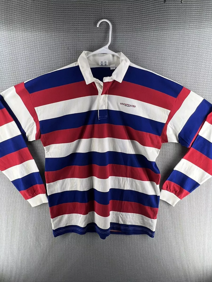 Undefeated Sport Men's Long Sleeve Polo Rugby Shirt Red White Blue Stripes XL