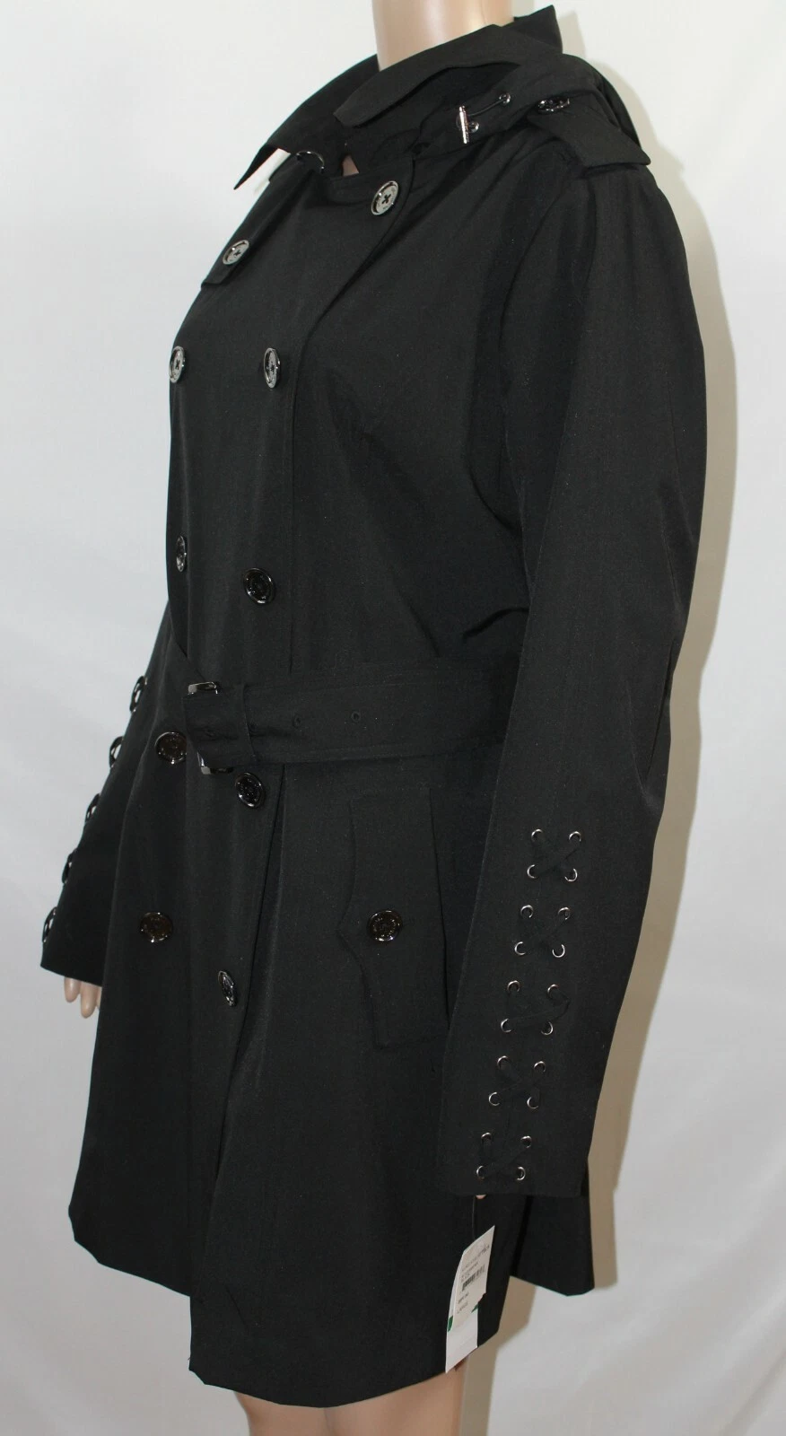 Michael Kors trench nero maniche stringate cintura cappuccio doppio bottone nuovo con etichetta L