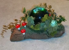 Driftwood Upcycled Art Wood Assemblage Mushrooms Glass Ball Moss Fairy Handmade