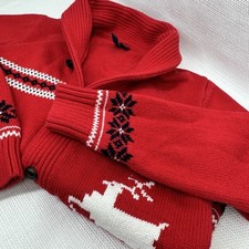 Janie And Jack Boys Size 7 Red/ White Reindeer Button Up Shawl Collar Cardigan