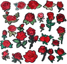 25pcs Assorted Sizes Iron on Rose Patches, Red Floral Embroidered Patches Appliq