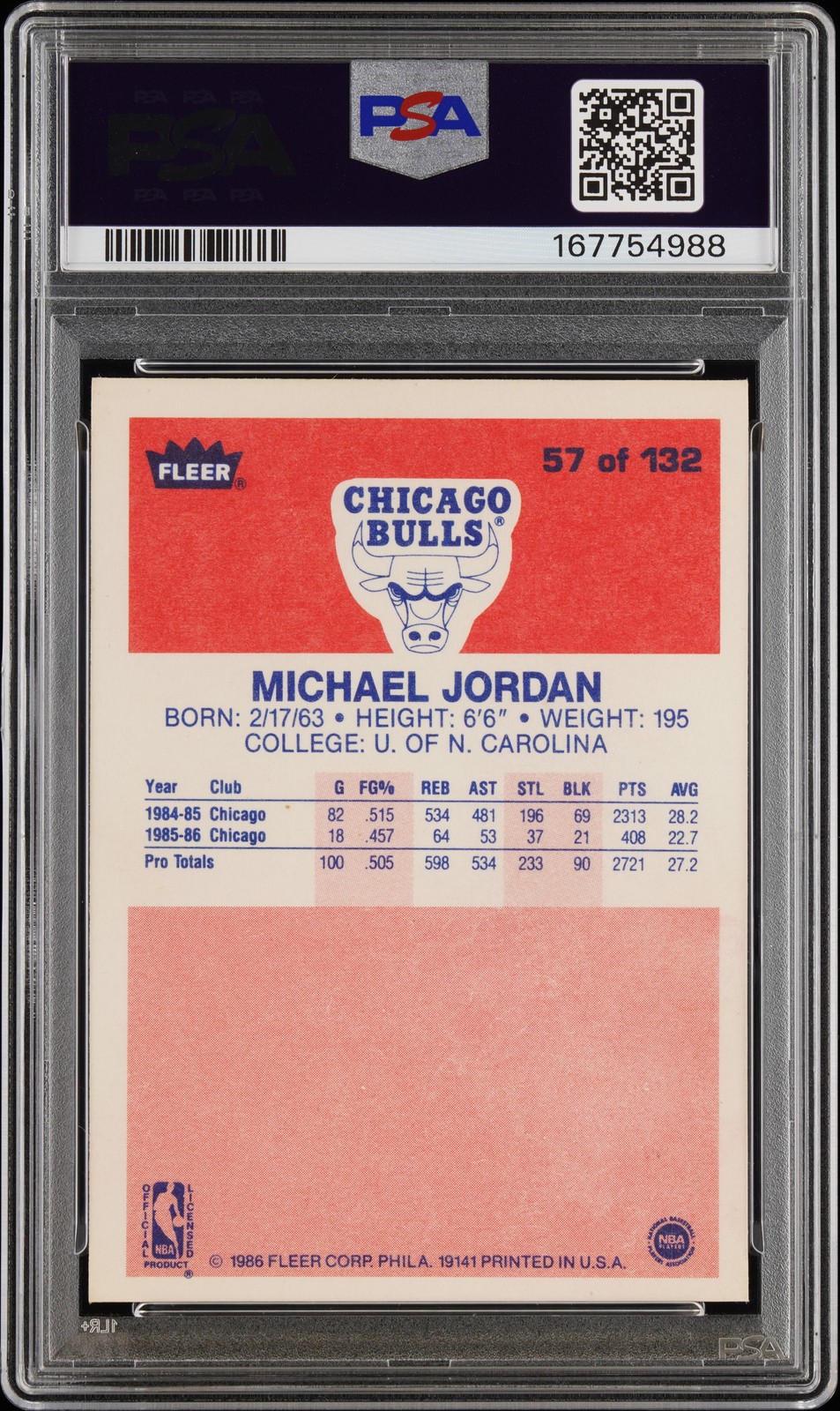 1986 FLEER #57 MICHAEL JORDAN ROOKIE RC PSA AUTHENTIC ALTERED view 2