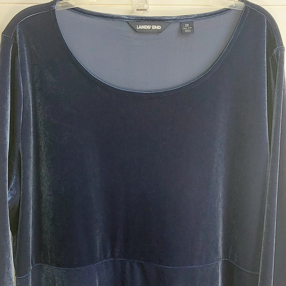 Lands End Velvet Shift Dress Women's 2X (20W-22W) Blue 3/4 Sleeves Holiday Party - Image 4 of 4