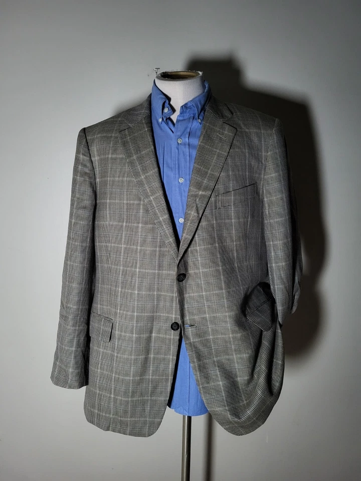 46R Nordstrom ШЕРСТЬ ШЕЛК синий черный загар оранжевый блейзер в клетку куртка спортивное пальто - Изображение 3 из 4