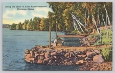 Vintage Linen Postcard Along Shore of Lake Annabessacook Winthrop Maine