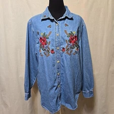 Bobbie Brooks Denim Button Up Shirt Womens Size XL Fall Floral Embroidered Vtg