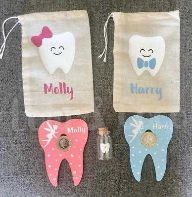 Personalised Named Tooth Fairy £1 Coin Holder, Bag and Tooth Jar Boys Girls