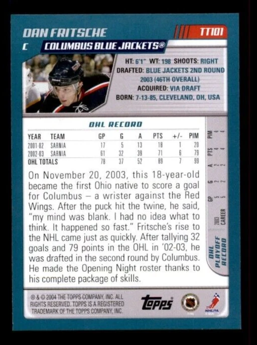 2003-04 Topps Traded #TT101 Dan Fritsche RC. - Image 2 of 2