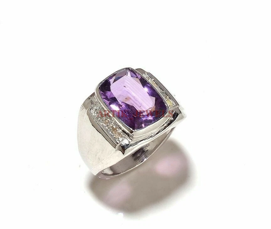 Natural Amethyst Gemstone with 14K White Gold Plated Silver Ring for Men's #3067 - Image 3 of 4