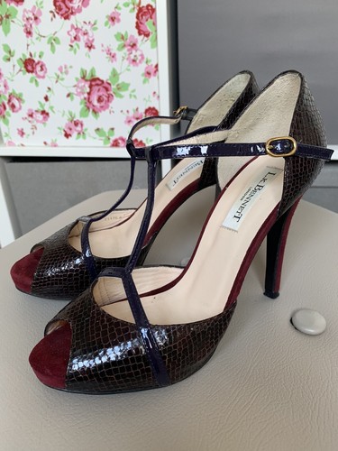 L. K. BENNETT LONDON BROWN/BURGUNDY T- BAR SANDALS SIZE 37/ 4, VGC - Picture 2 of 10