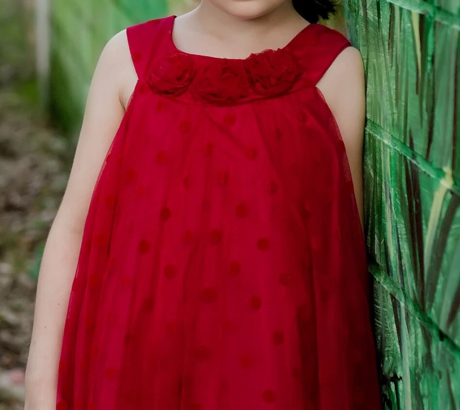 Vestido Columpio Bonnie Jean Niña Talla 6 Rojo Gasa (Lunares Terciopelo) Foto 4 de 4