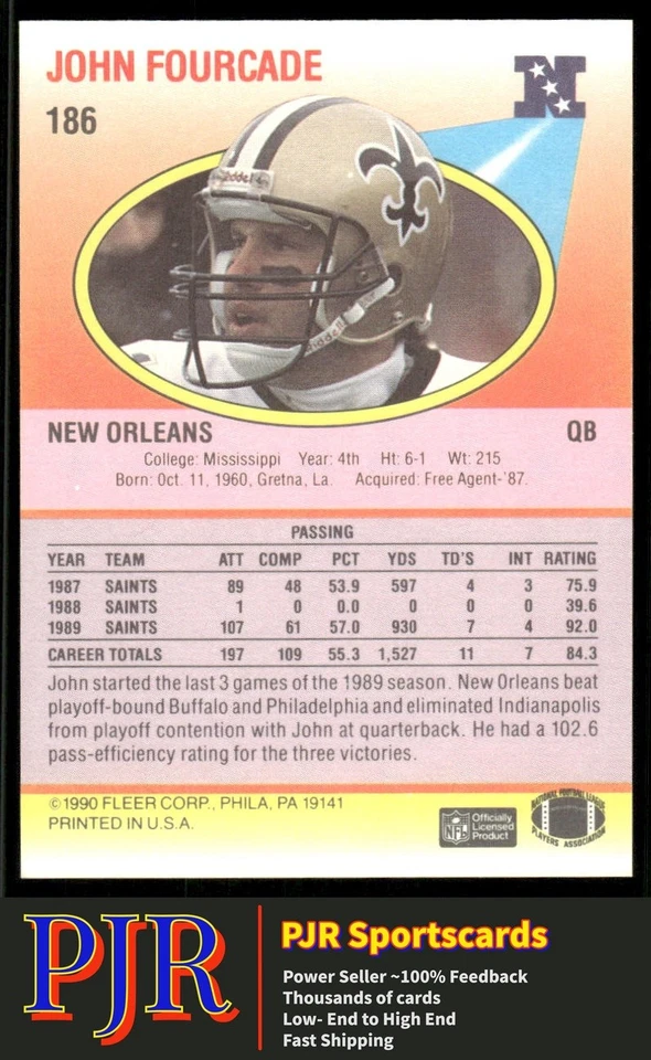 John Fourcade 1990 Fleer #186 New Orleans Saints Rookie - Image 2 of 2