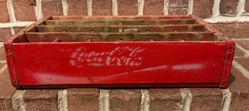 Vtg Enjoy Coca-Cola Wooden Soda Pop Crate Red Coke Bottles Flat Carrier 24Pk