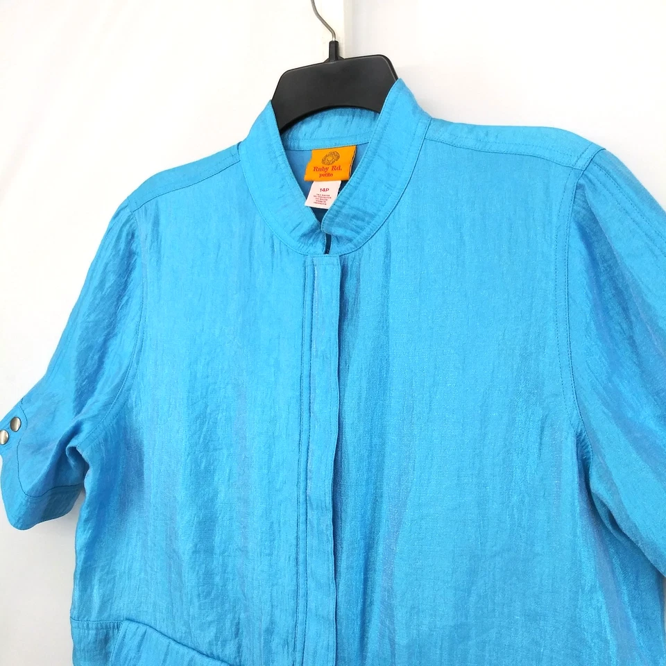 Ruby Rd Jacket Women Size 14P Aqua Blue Shimmer Short Sleeve Band Collar Zip Up - Image 2 of 4