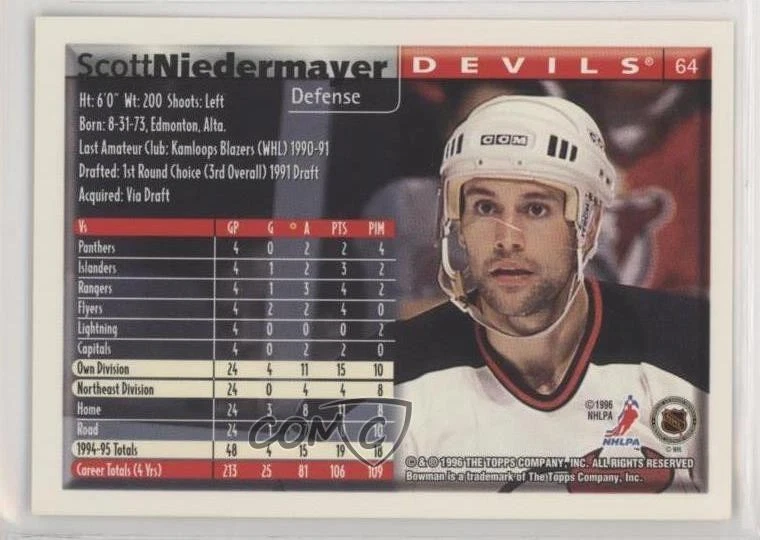 1995-96 Bowman Scott Niedermayer #64 HOF - Image 2 of 2